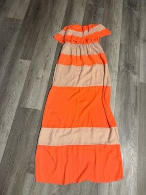 Daytrip Strapless Maxi Dress in Bright Orange and Beige Stripes